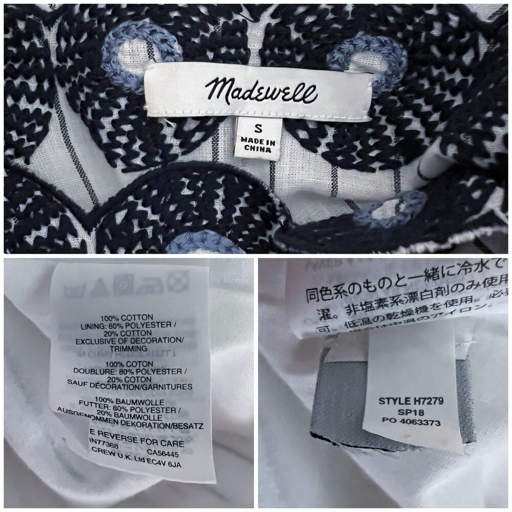 Madewell | White Navy Stripe Embroidered Flutter Sleeve Shift Cotton Dress Small - Picture 9 of 10